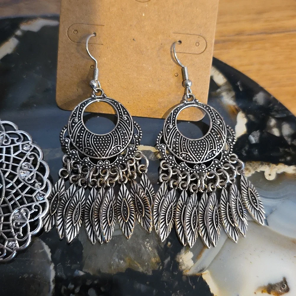 Silver and Yellow Boho Earrings Set Of 3 - Picture 3 of 4